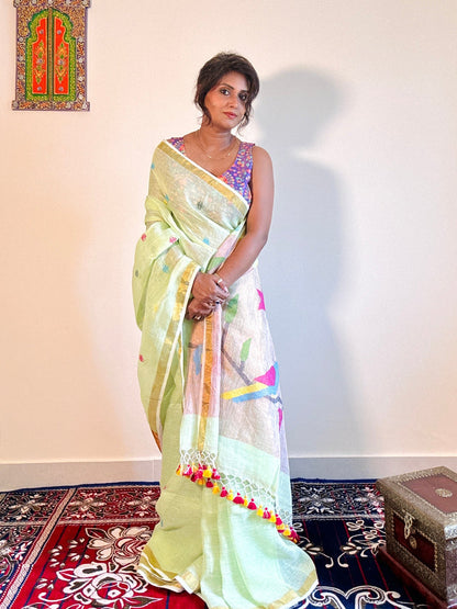 Handwoven Pure linen saree Paithni Pallu - Rupacj Designs - Luxury Sustainable Indian womenswear | Artisan made | Slow Fashion- Occasion wear| Handcrafted In India