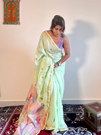 Handwoven Pure linen saree Paithni Pallu - Rupacj Designs - Luxury Sustainable Indian womenswear | Artisan made | Slow Fashion- Occasion wear| Handcrafted In India