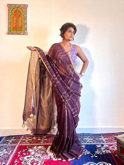 Wine & gold pure Linen Handloom soft zari saree - Rupacj Designs - Luxury Sustainable Indian womenswear | Artisan made | Slow Fashion- Occasion wear| Handcrafted In India