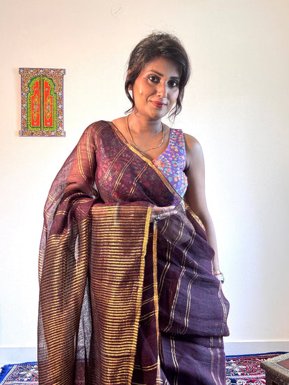Wine & gold pure Linen Handloom soft zari saree - Rupacj Designs - Luxury Sustainable Indian womenswear | Artisan made | Slow Fashion- Occasion wear| Handcrafted In India