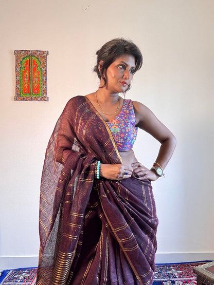 Wine & gold pure Linen Handloom soft zari saree - Rupacj Designs - Luxury Sustainable Indian womenswear | Artisan made | Slow Fashion- Occasion wear| Handcrafted In India
