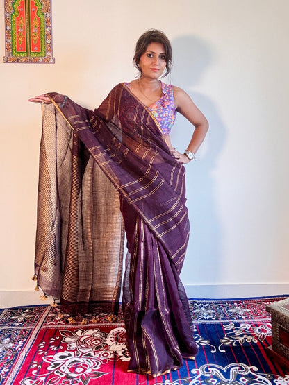 Wine & gold pure Linen Handloom soft zari saree - Rupacj Designs - Luxury Sustainable Indian womenswear | Artisan made | Slow Fashion- Occasion wear| Handcrafted In India