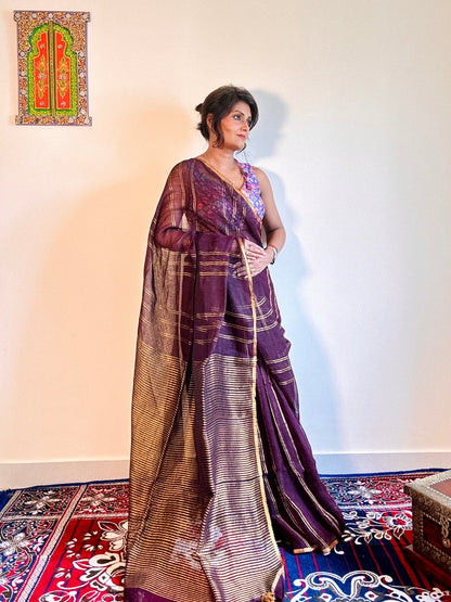 Wine & gold pure Linen Handloom soft zari saree - Rupacj Designs - Luxury Sustainable Indian womenswear | Artisan made | Slow Fashion- Occasion wear| Handcrafted In India