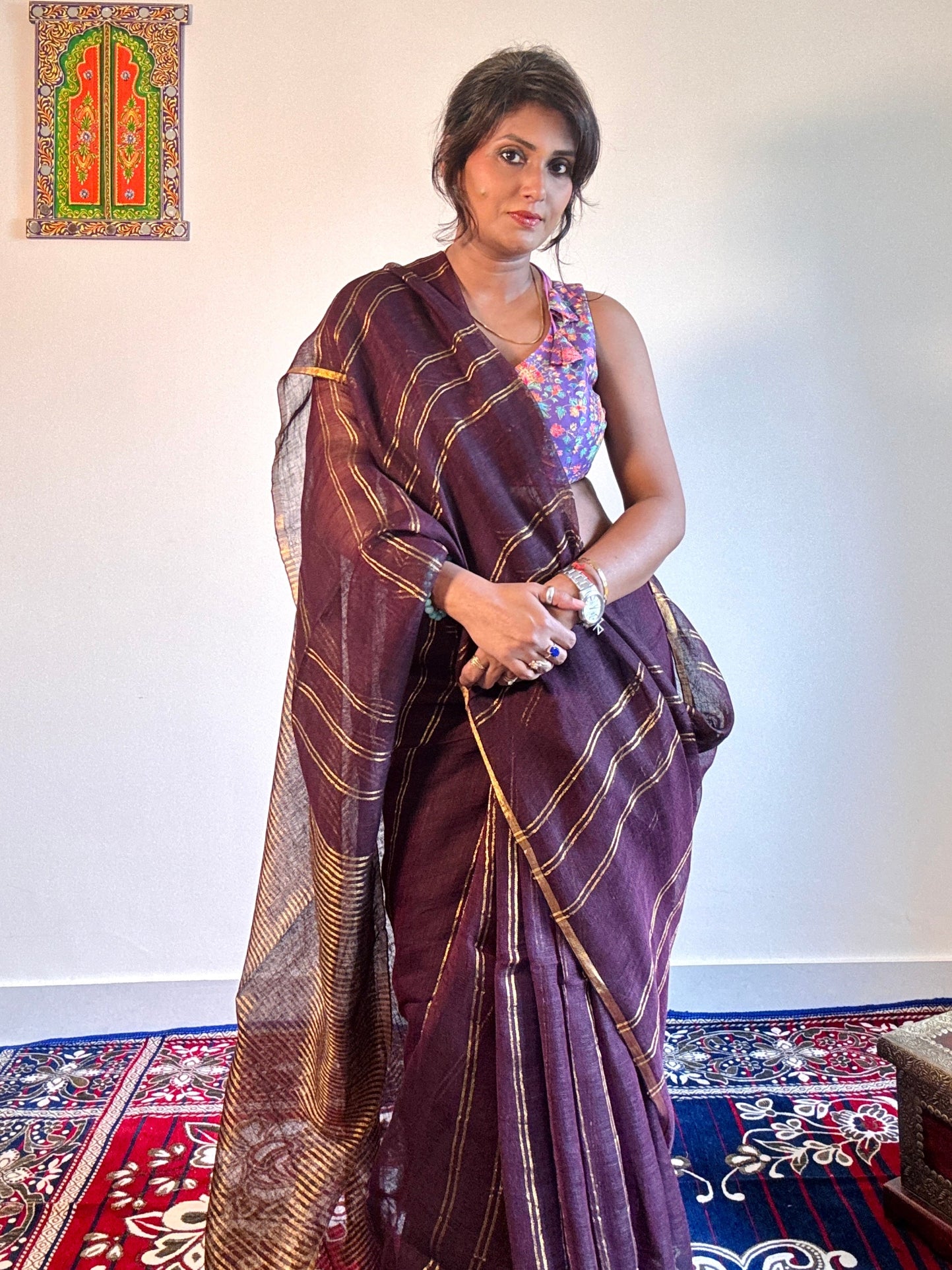 Handwoven pure Linen Feather soft zari saree