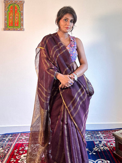 Wine & gold pure Linen Handloom soft zari saree - Rupacj Designs - Luxury Sustainable Indian womenswear | Artisan made | Slow Fashion- Occasion wear| Handcrafted In India