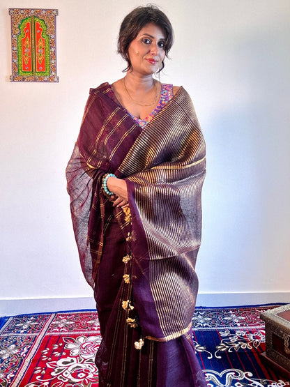 Wine & gold pure Linen Handloom soft zari saree - Rupacj Designs - Luxury Sustainable Indian womenswear | Artisan made | Slow Fashion- Occasion wear| Handcrafted In India