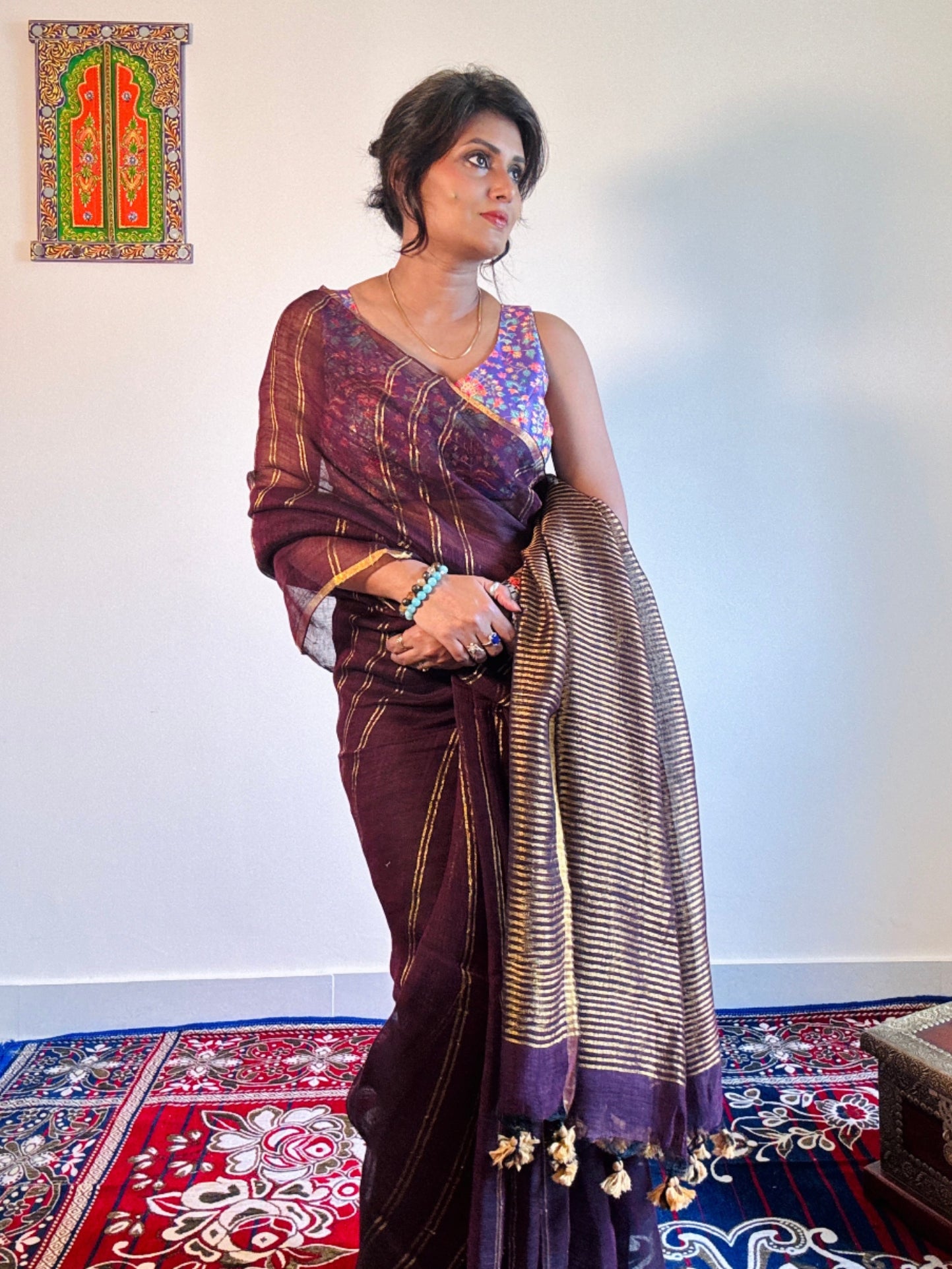 Handwoven pure Linen Feather soft zari saree