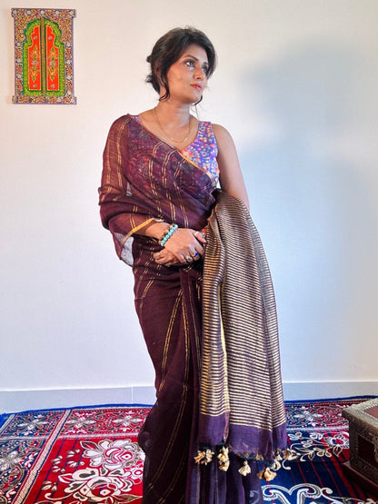 Wine & gold pure Linen Handloom soft zari saree - Rupacj Designs - Luxury Sustainable Indian womenswear | Artisan made | Slow Fashion- Occasion wear| Handcrafted In India