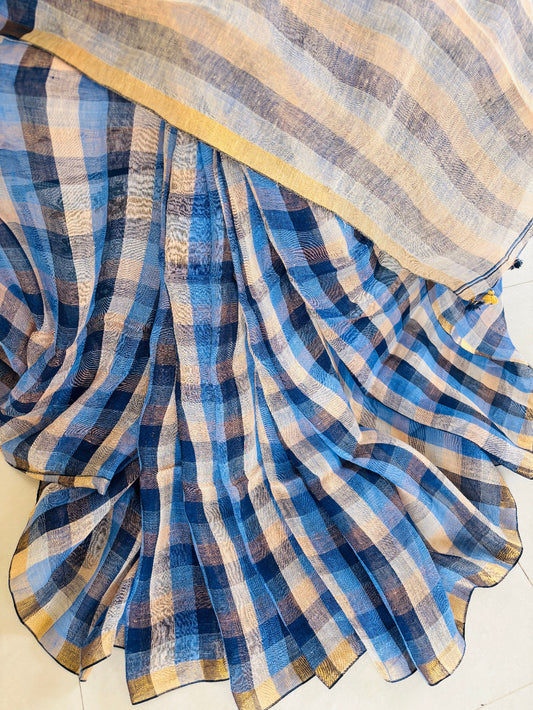 Handwoven pure linen check saree