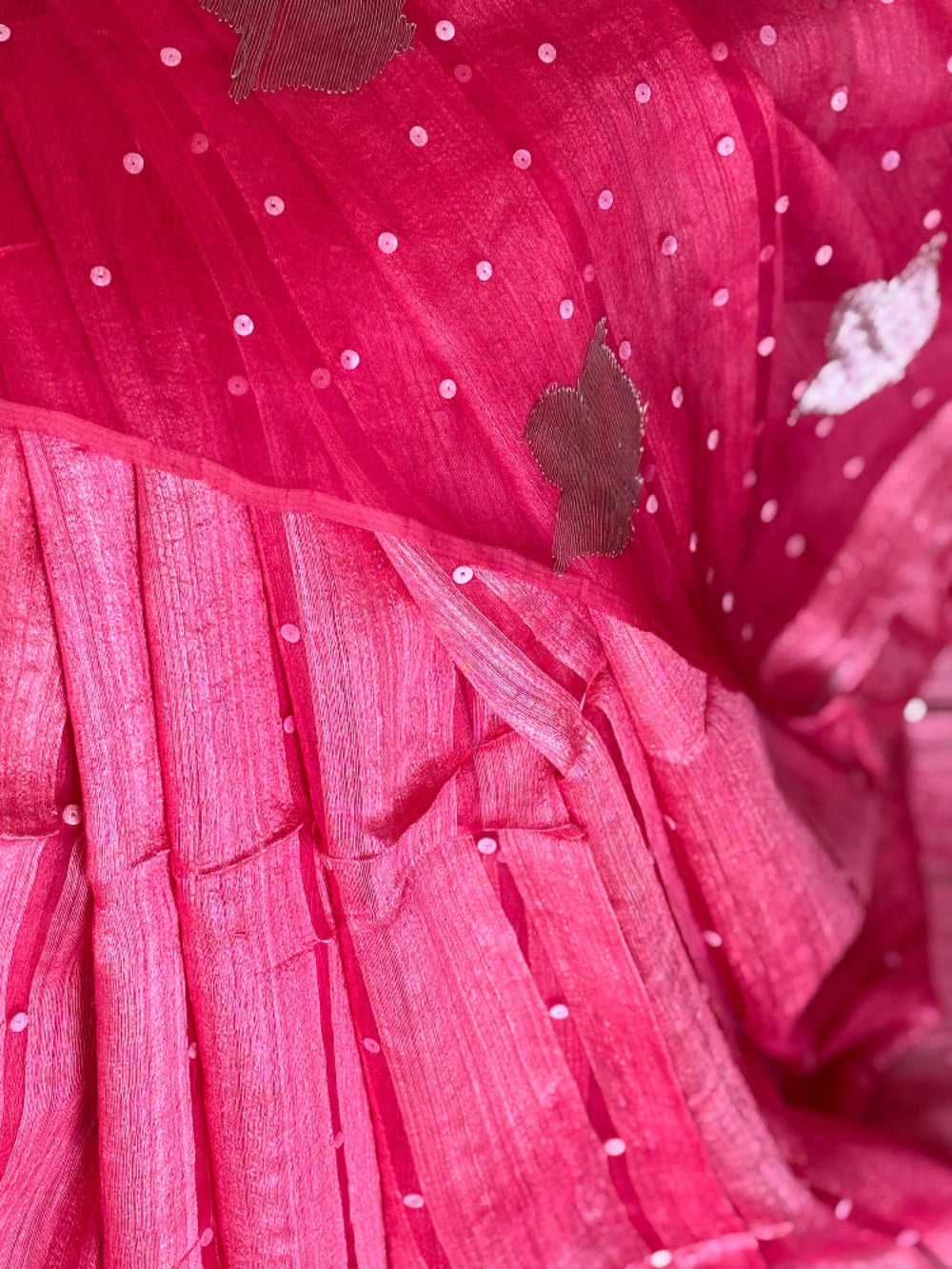 Vermillion Red Matka Muslin silk Handloom Saree woven with sea shell - Rupacj Designs - Luxury Sustainable Indian womenswear | Artisan made | Slow Fashion- Occasion wear| Handcrafted In India
