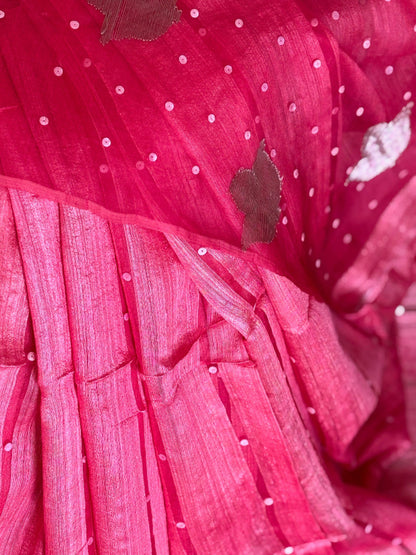 Vermillion Red Matka Muslin silk Handloom Saree woven with sea shell - Rupacj Designs - Luxury Sustainable Indian womenswear | Artisan made | Slow Fashion- Occasion wear| Handcrafted In India