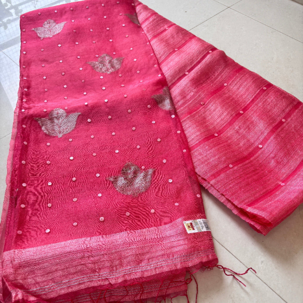 Vermillion Red Matka Muslin silk Handloom Saree woven with sea shell - Rupacj Designs - Luxury Sustainable Indian womenswear | Artisan made | Slow Fashion- Occasion wear| Handcrafted In India