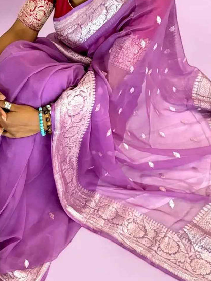 Periwinkle pure Chiffon Handloom Banarasi Saree