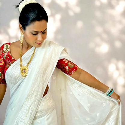 Pure Chiffon ivory Handloom Banarasi Saree