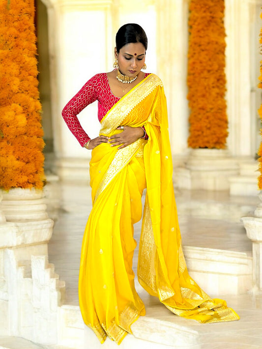 Mari-Gold Chiffon Banarasi Handloom Saree
