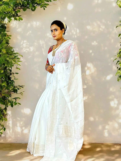 Pure Chiffon ivory Handloom Banarasi Saree