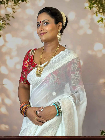 Pure Chiffon ivory Handloom Banarasi Saree