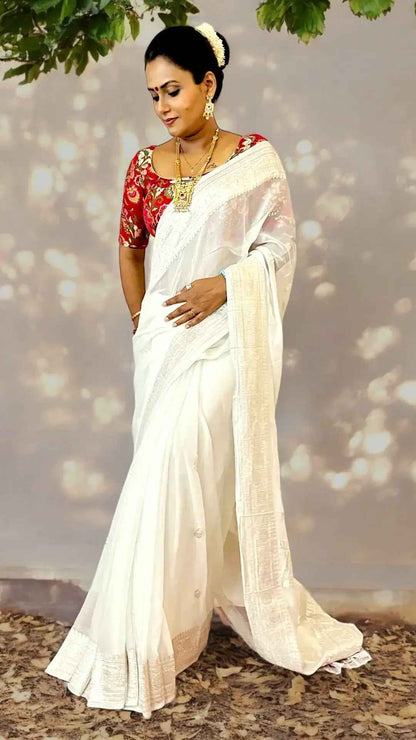 Pure Chiffon ivory Handloom Banarasi Saree