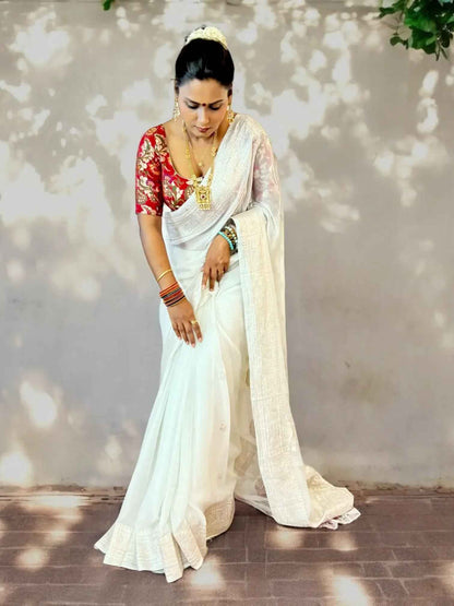 Pure Chiffon ivory Handloom Banarasi Saree