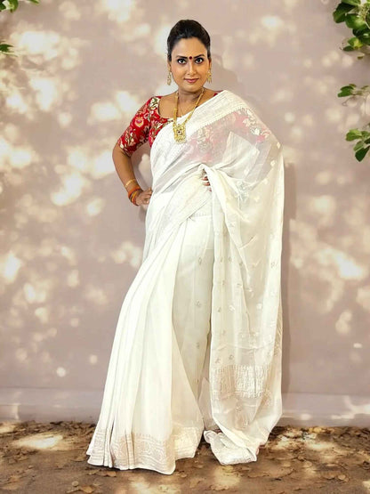 Pure Chiffon ivory Handloom Banarasi Saree