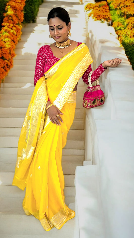 Mari-Gold Chiffon Banarasi Handloom Saree