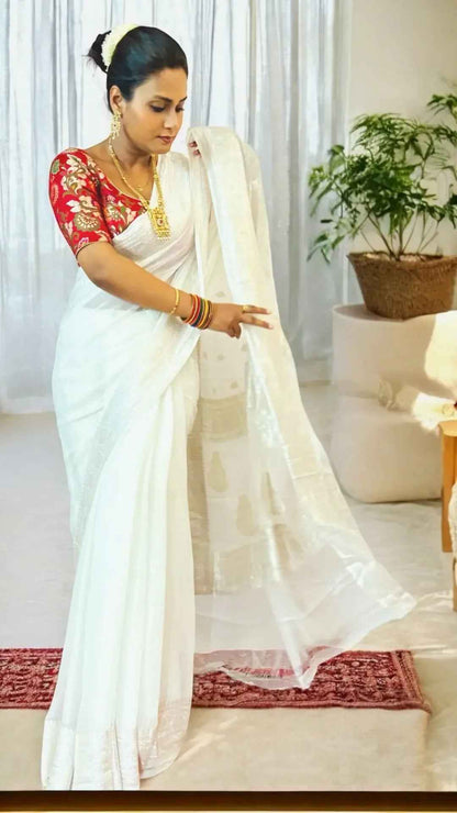 Pure Chiffon ivory Handloom Banarasi Saree