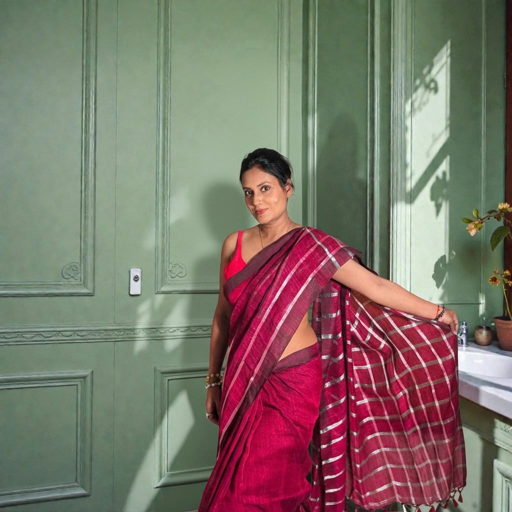 Pure linen sustainable Handloom check saree - Rupacj Designs - Luxury Sustainable Indian womenswear | Artisan made | Slow Fashion- Occasion wear| Handcrafted In India