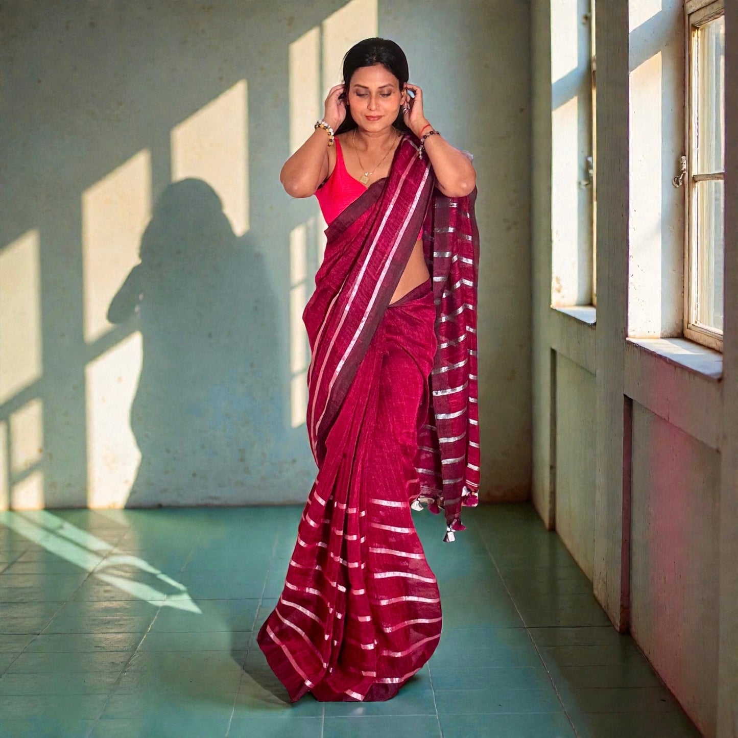 Pure linen sustainable Handloom check saree - Rupacj Designs - Luxury Sustainable Indian womenswear | Artisan made | Slow Fashion- Occasion wear| Handcrafted In India