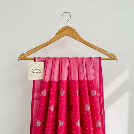 Vermillion Red Matka Muslin silk Handloom Saree woven with sea shell