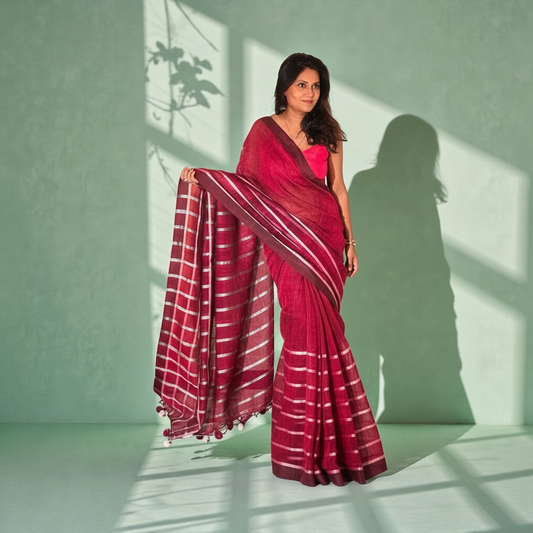 Pure linen sustainable Handloom check saree - Rupacj Designs - Luxury Sustainable Indian womenswear | Artisan made | Slow Fashion- Occasion wear| Handcrafted In India