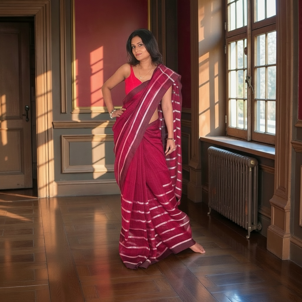 Pure linen sustainable Handloom check saree - Rupacj Designs - Luxury Sustainable Indian womenswear | Artisan made | Slow Fashion- Occasion wear| Handcrafted In India