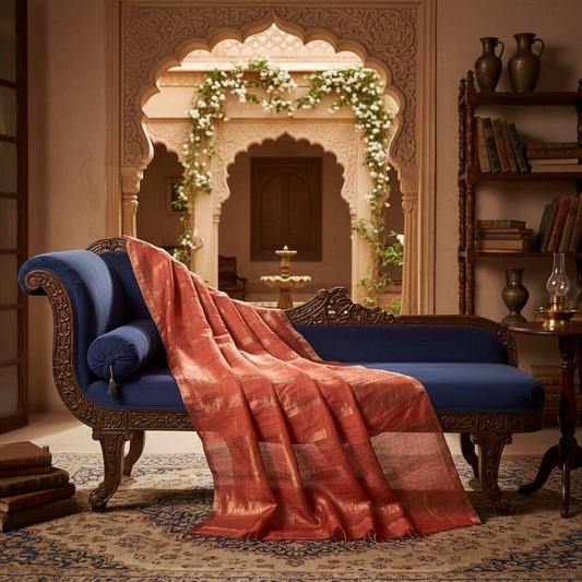 Salmon gold Handloom Muslin silk Saree - Rupacj Designs - Luxury Sustainable Indian womenswear | Artisan made | Slow Fashion- Occasion wear| Handcrafted In India