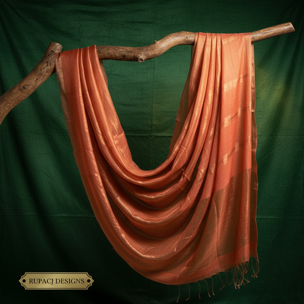 Salmon gold Handloom Muslin silk Saree - Rupacj Designs - Luxury Sustainable Indian womenswear | Artisan made | Slow Fashion- Occasion wear| Handcrafted In India