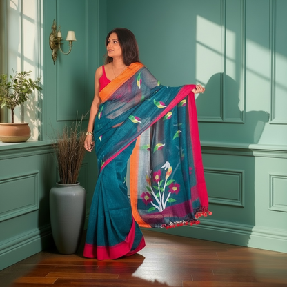 peacock Handwoven Pure linen Jamdani saree - Rupacj Designs - Luxury Sustainable Indian womenswear | Artisan made | Slow Fashion- Occasion wear| Handcrafted In India