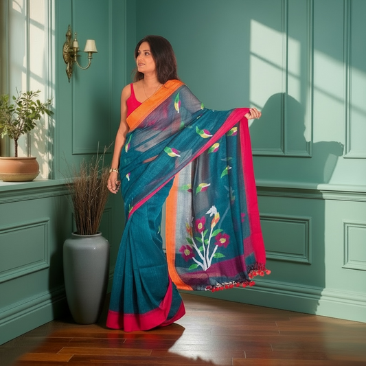 peacock Handwoven Pure linen Jamdani saree Rupacj Designs - Luxury Sustainable Indian womenswear | Artisan made | Slow Fashion- Occasion wear| Handcrafted In India