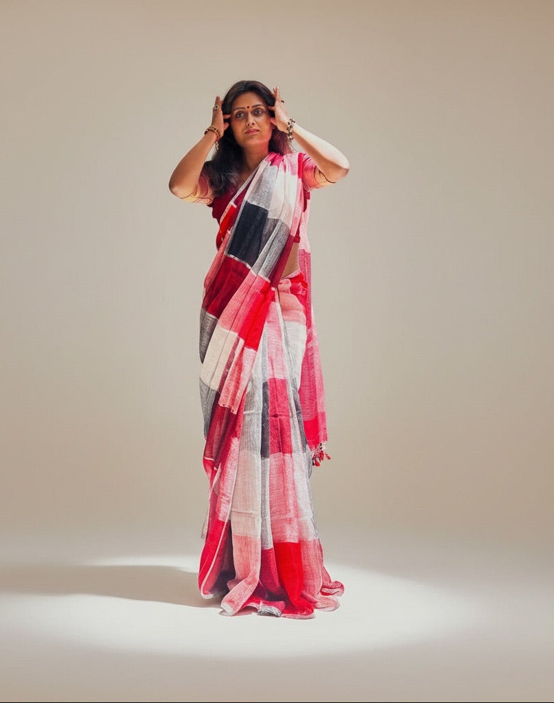 Pure linen Handloom Multicolour check saree - Rupacj Designs - Luxury Sustainable Indian womenswear | Artisan made | Slow Fashion- Occasion wear| Handcrafted In India