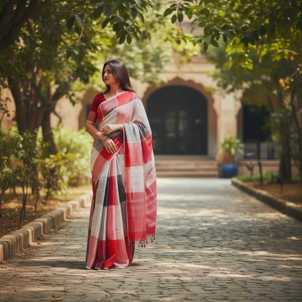 Pure linen Handloom Multicolour check saree - Rupacj Designs - Luxury Sustainable Indian womenswear | Artisan made | Slow Fashion- Occasion wear| Handcrafted In India