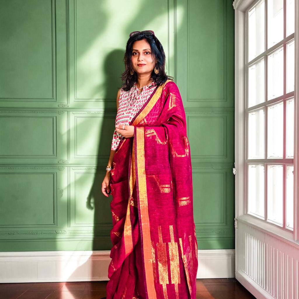 Pure Linen Hamdani handloom Saree with zari