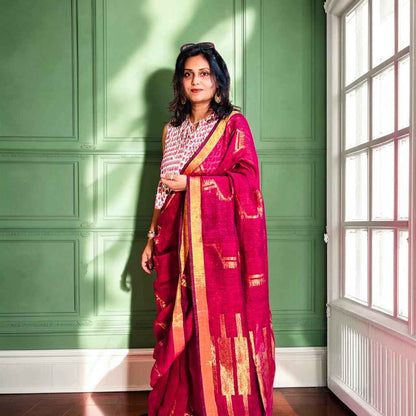 Mroon Linen Handloom Jamdani Saree