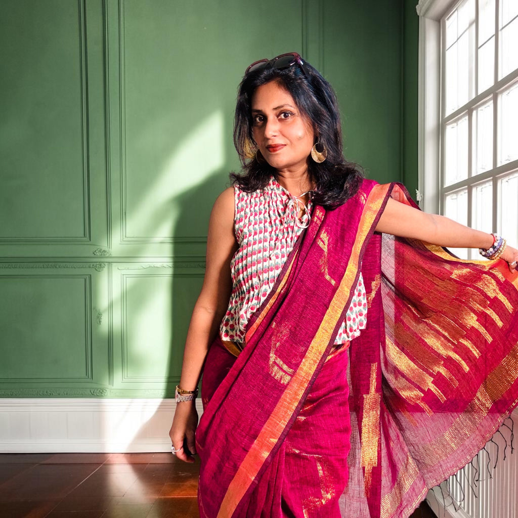 Pure Linen Hamdani handloom Saree with zari
