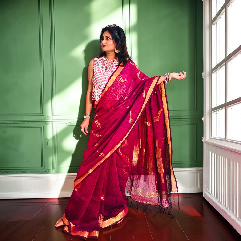 Pure Linen Hamdani handloom Saree with zari