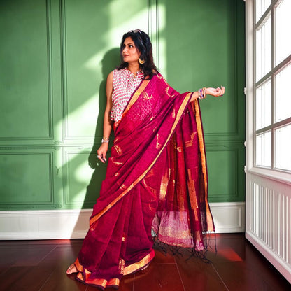 Pure Linen Hamdani handloom Saree with zari