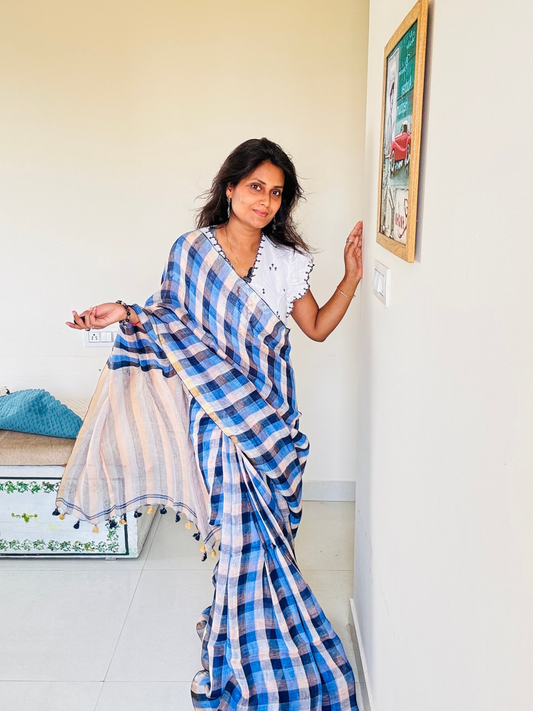Pure linen Handloom Blue check saree