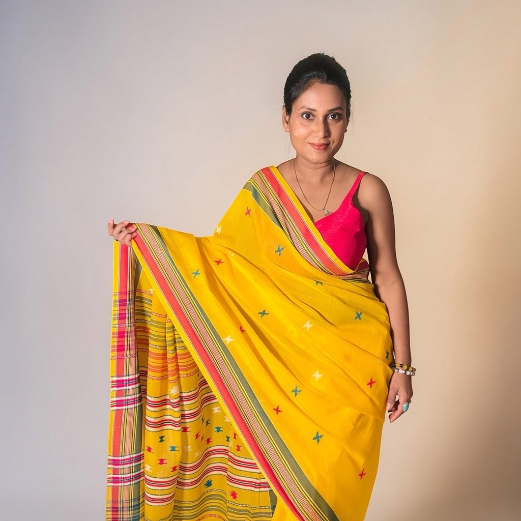 Basanti yellow Mercerised cotton Handloom Bhujodi saree - Rupacj Designs - Luxury Sustainable Indian womenswear | Artisan made | Slow Fashion- Occasion wear| Handcrafted In India