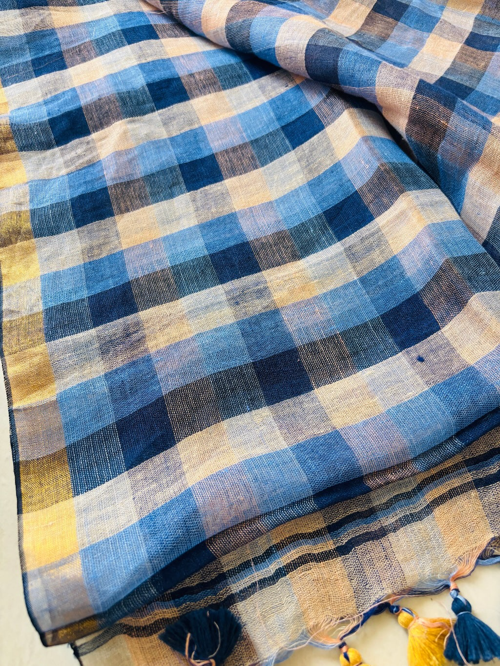 Pure linen Handloom Blue check saree - Rupacj Designs - Luxury Sustainable Indian womenswear | Artisan made | Slow Fashion- Occasion wear| Handcrafted In India