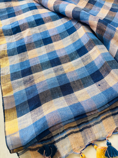 Pure linen Handloom Blue check saree - Rupacj Designs - Luxury Sustainable Indian womenswear | Artisan made | Slow Fashion- Occasion wear| Handcrafted In India